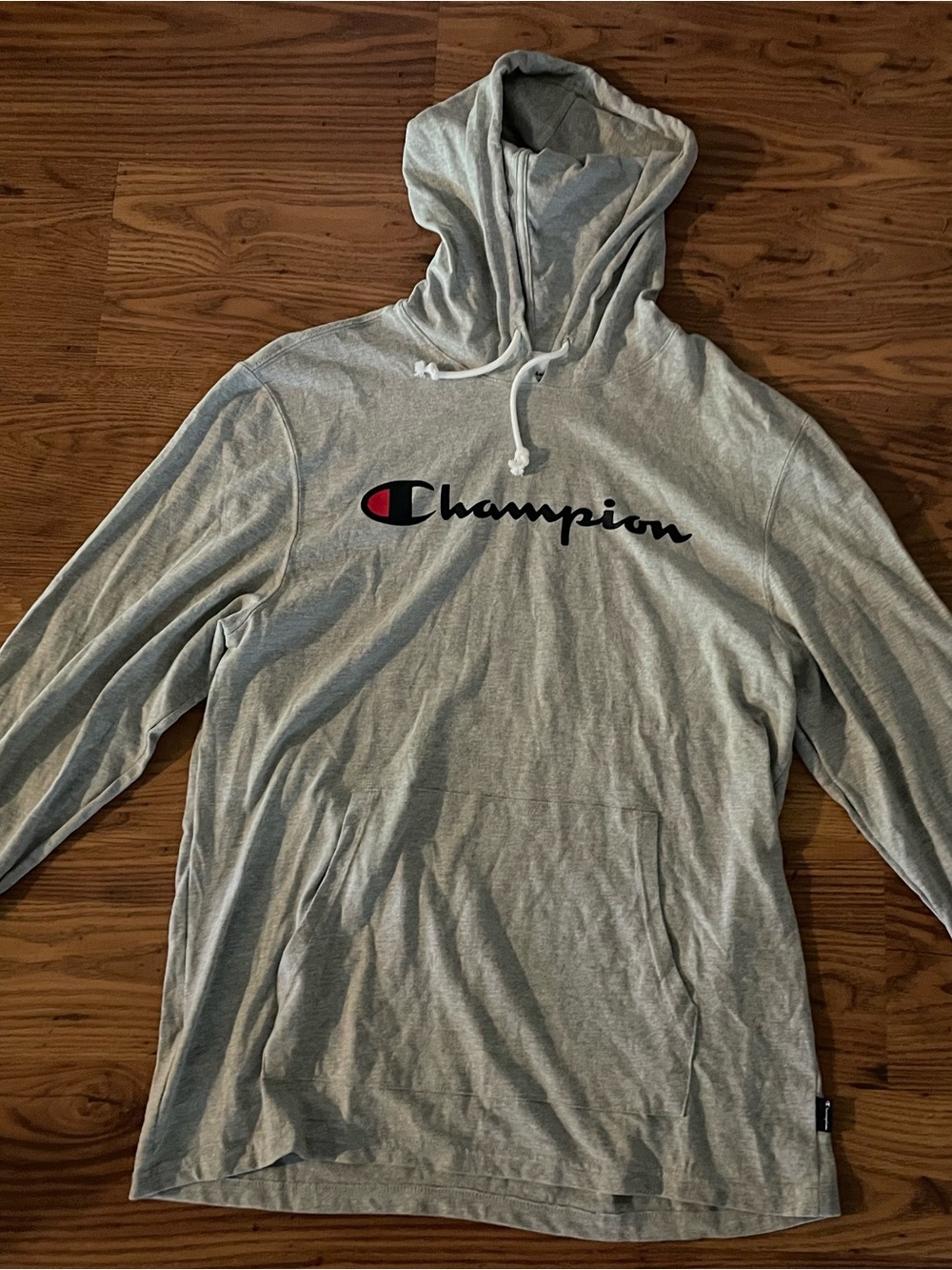 Champion Light Gray Hoodie with Blue & Red Logo size large